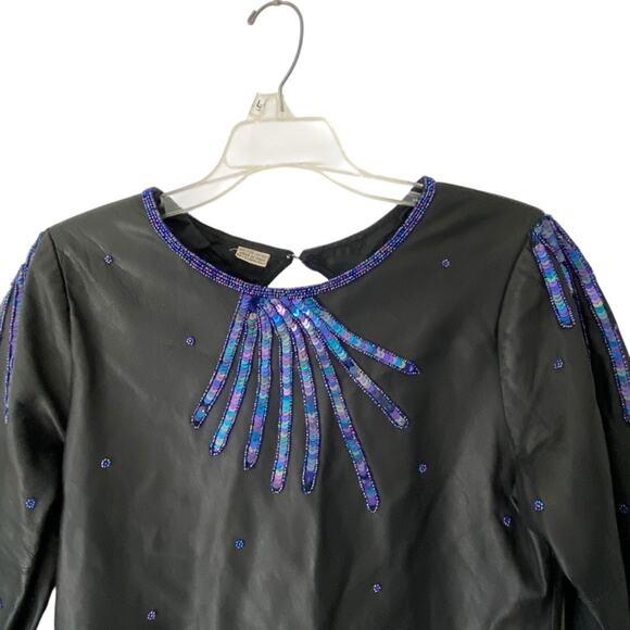 Vintage Black Leather Blue Sequin Beaded Dress size small Unique Groovy - Picture 2 of 9